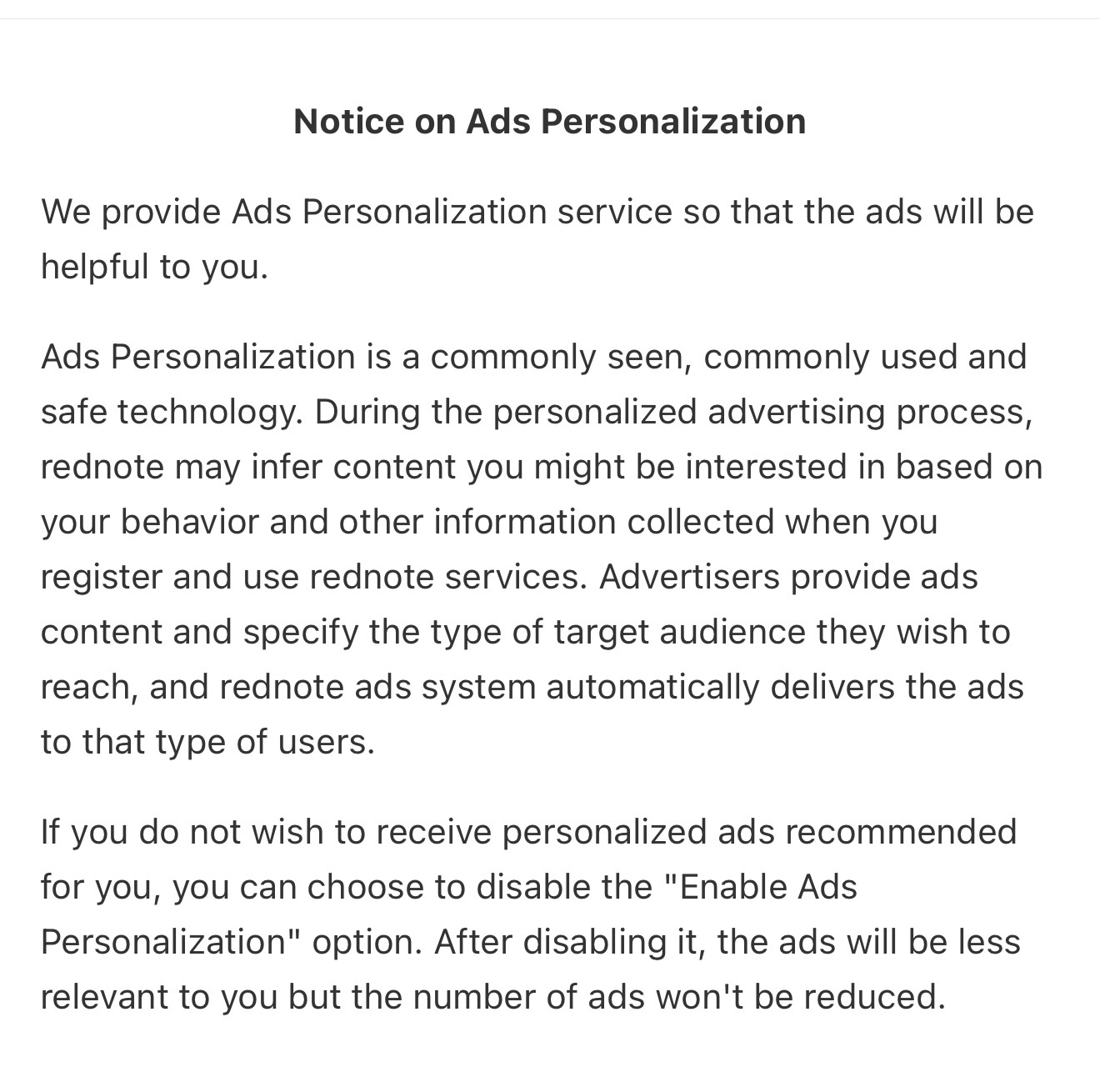 Notice on Ads Personalization